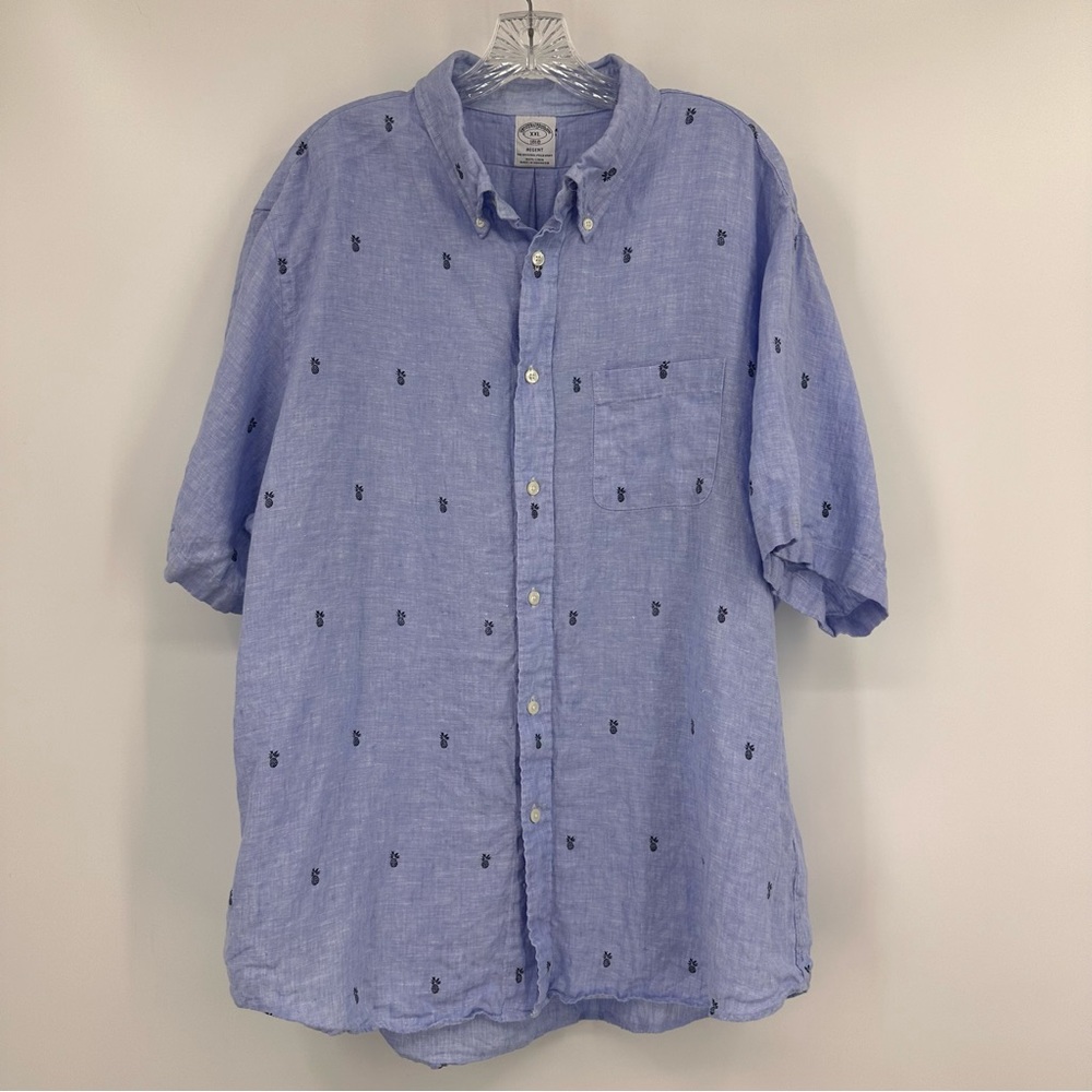 Brooks Brothers Linen Pineapple Print Regent Shirt Short Sleeve Blue Size XXL